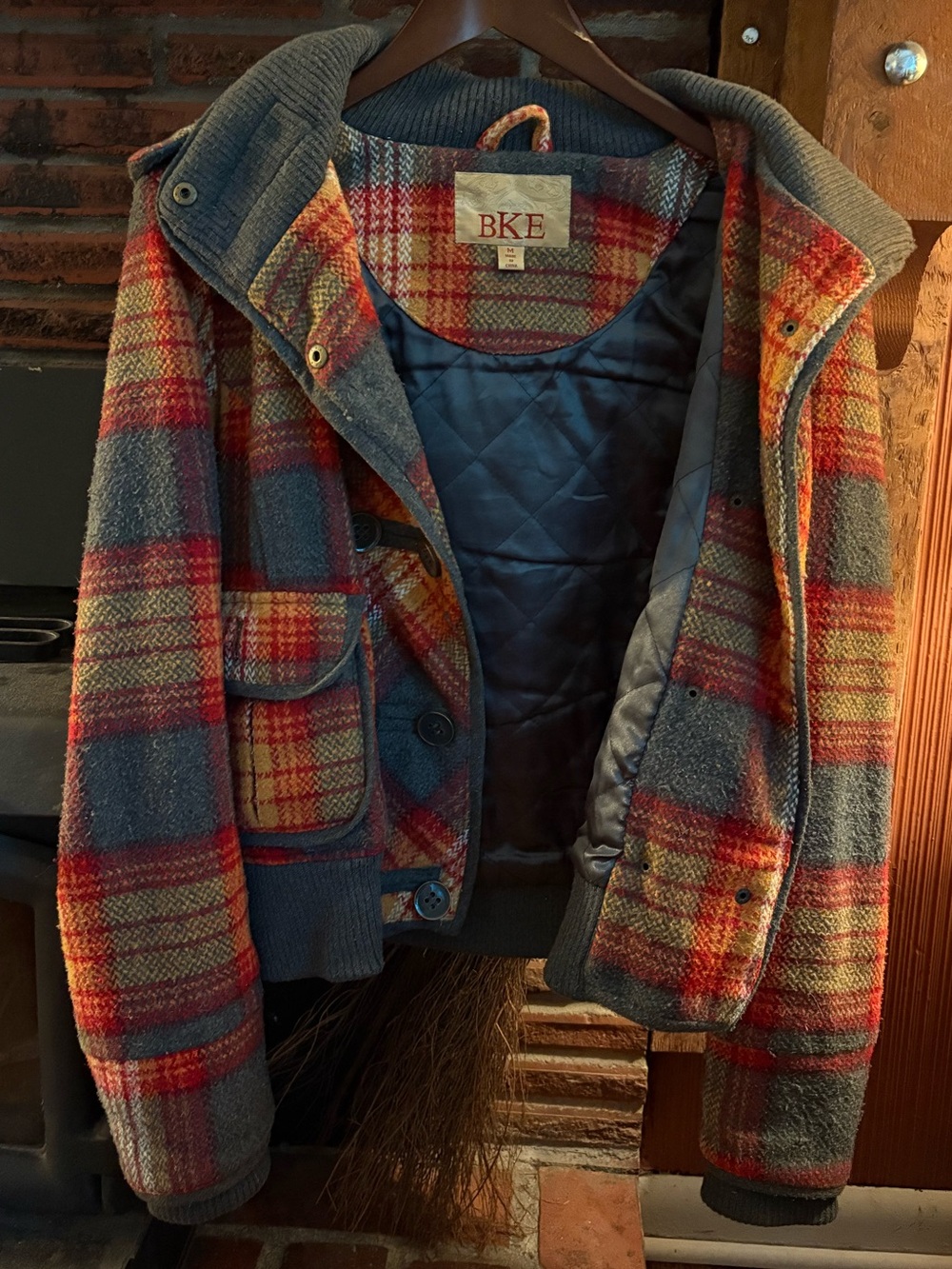 BKE Red and Blue Plaid Wool-Blend Jacket y2k detachable faux fur hood